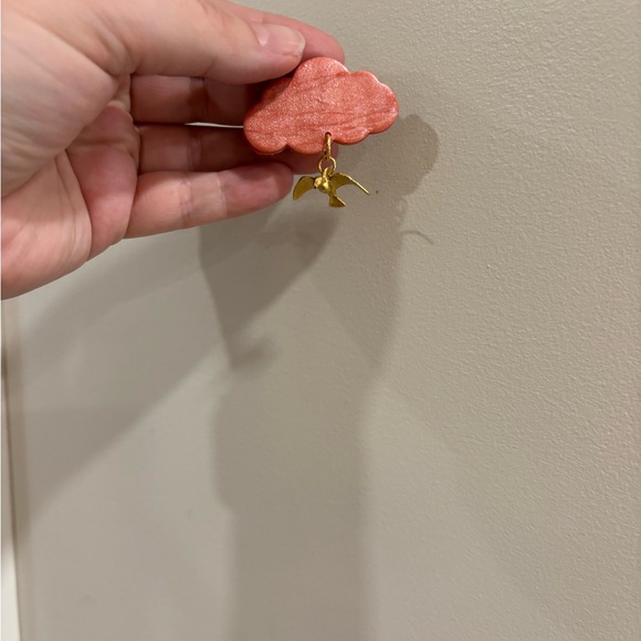 Unique Set of Handmade Earrings Pink Cloud with Gold Birds Like New - Picture 4 of 7